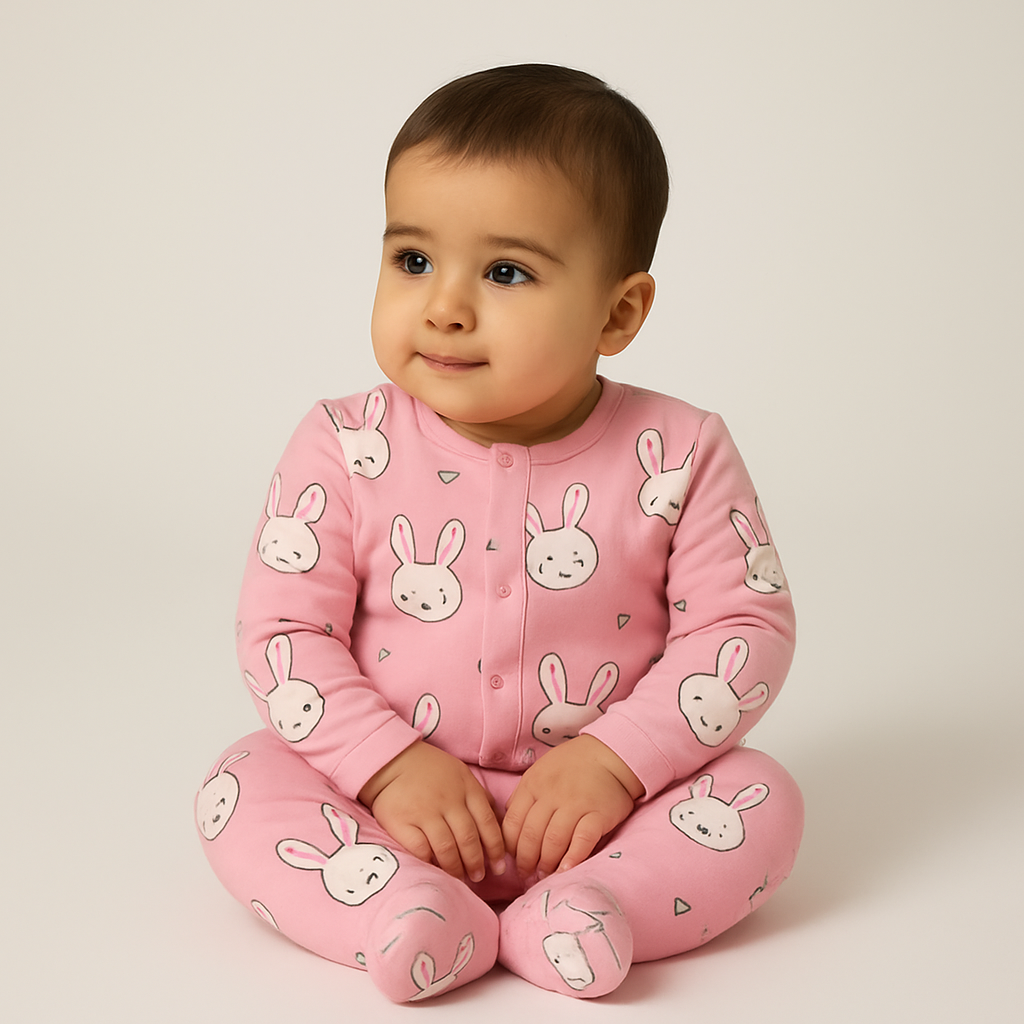 Pink Rabbit Print Romper For Winters