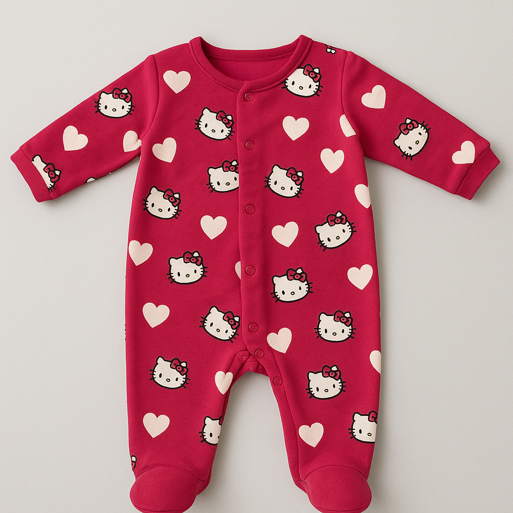 Blush Pink Kitten & Heart Print Romper For Winters