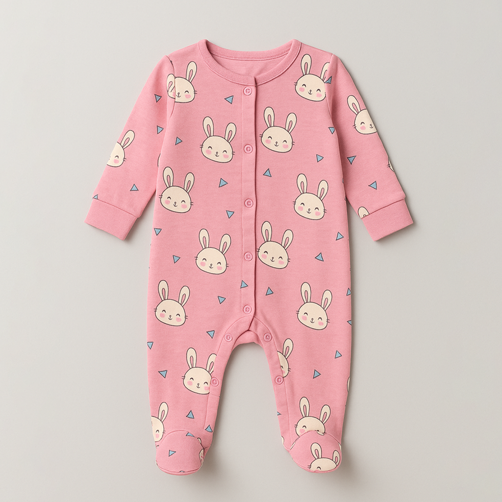 Pink Rabbit Print Romper For Winters