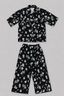 Black Flowers Print Linen Fabric Suit For Girls
