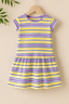 Yellow & Purple Stripes With Hair Band Frock For Girls