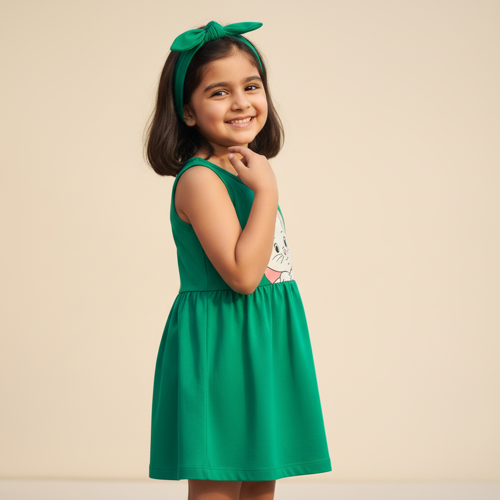 GREEN WITH HAIR BAND KITTEN PRINT FROCK FOR GIRLS
