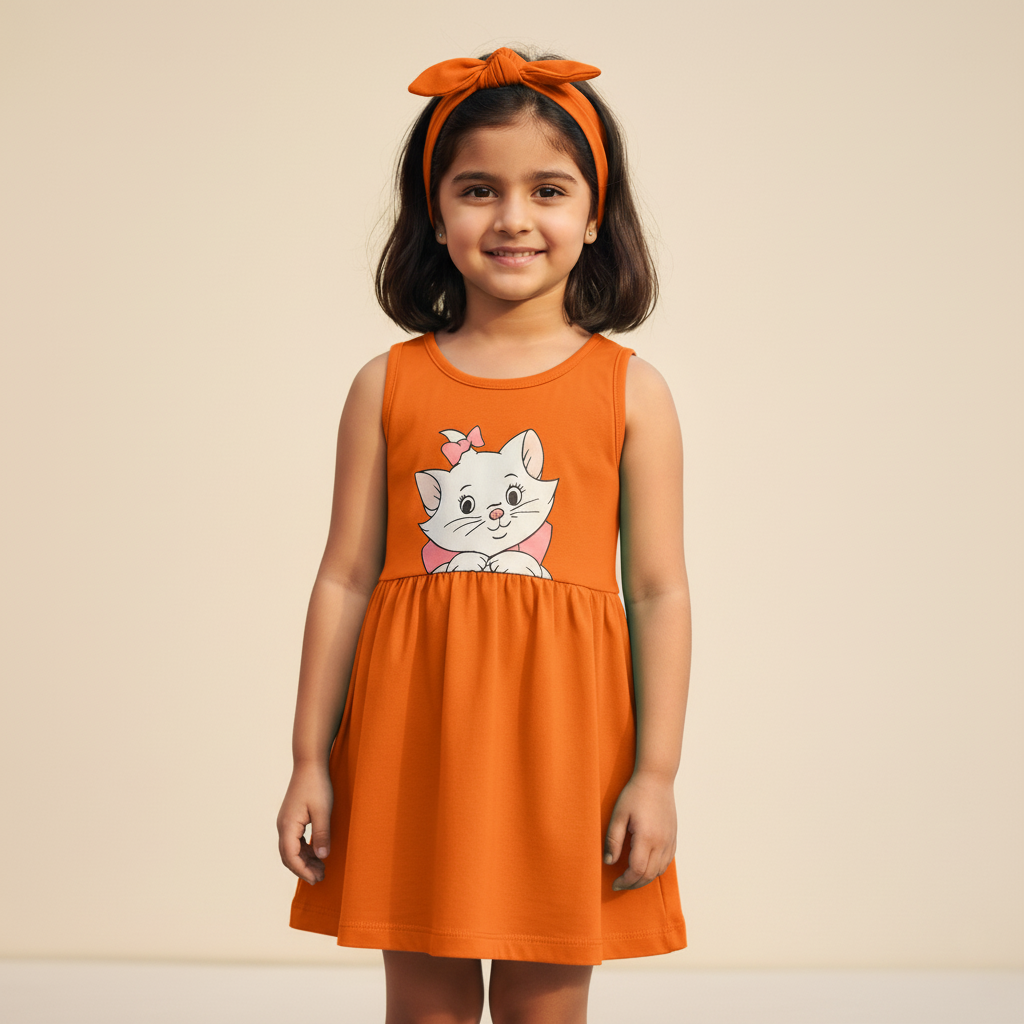 ORANGE WITH HAIR BAND KITTEN PRINT FROCK FOR GIRLS