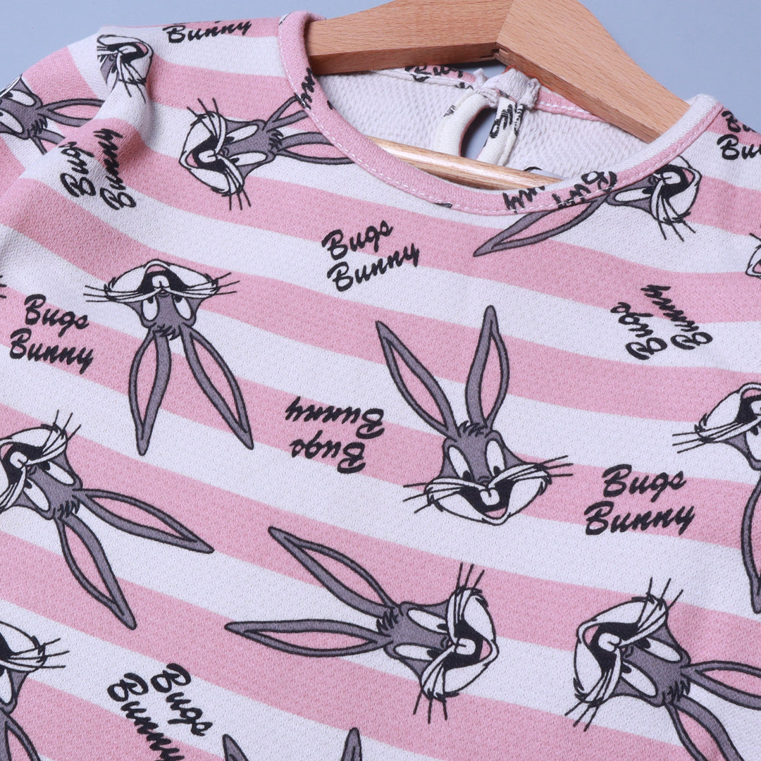 PINK & WHITE BUGS BUNNY PRINT TERRY FABRIC FROCK