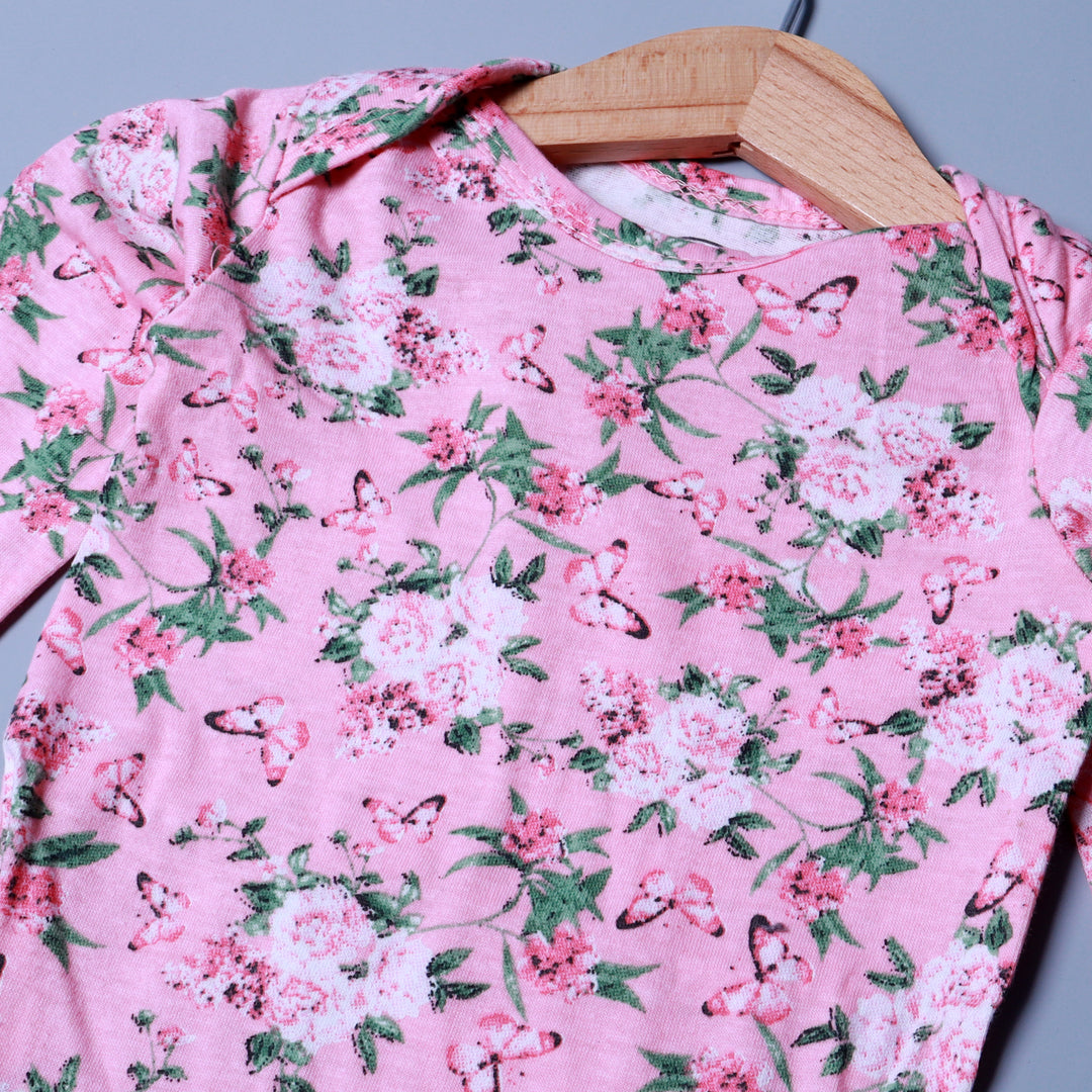 PINK BUTTERFLY & FLOWERS PRINT COTTON JERSY FABRIC HALF BODY FULL SLEEVES ROMPER