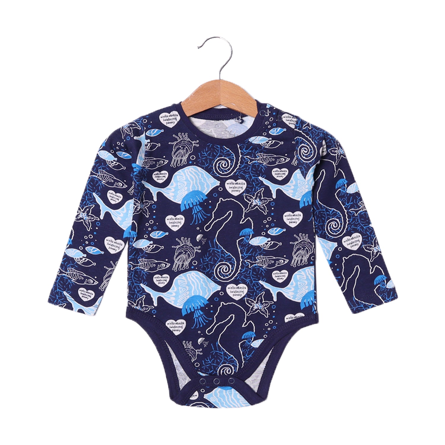 NAVY BLUE SEA ANIMALS PRINTED FULL SLEEVES HALF BODY ROMPER