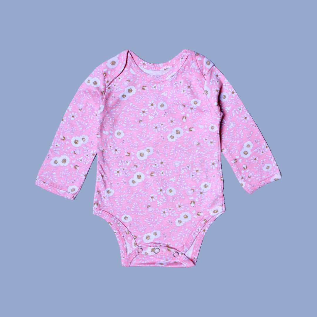 PINK FLOWERS PRINT COTTON JERSY FABRIC HALF BODY FULL SLEEVES ROMPER