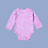 PINK FLOWERS PRINT COTTON JERSY FABRIC HALF BODY FULL SLEEVES ROMPER