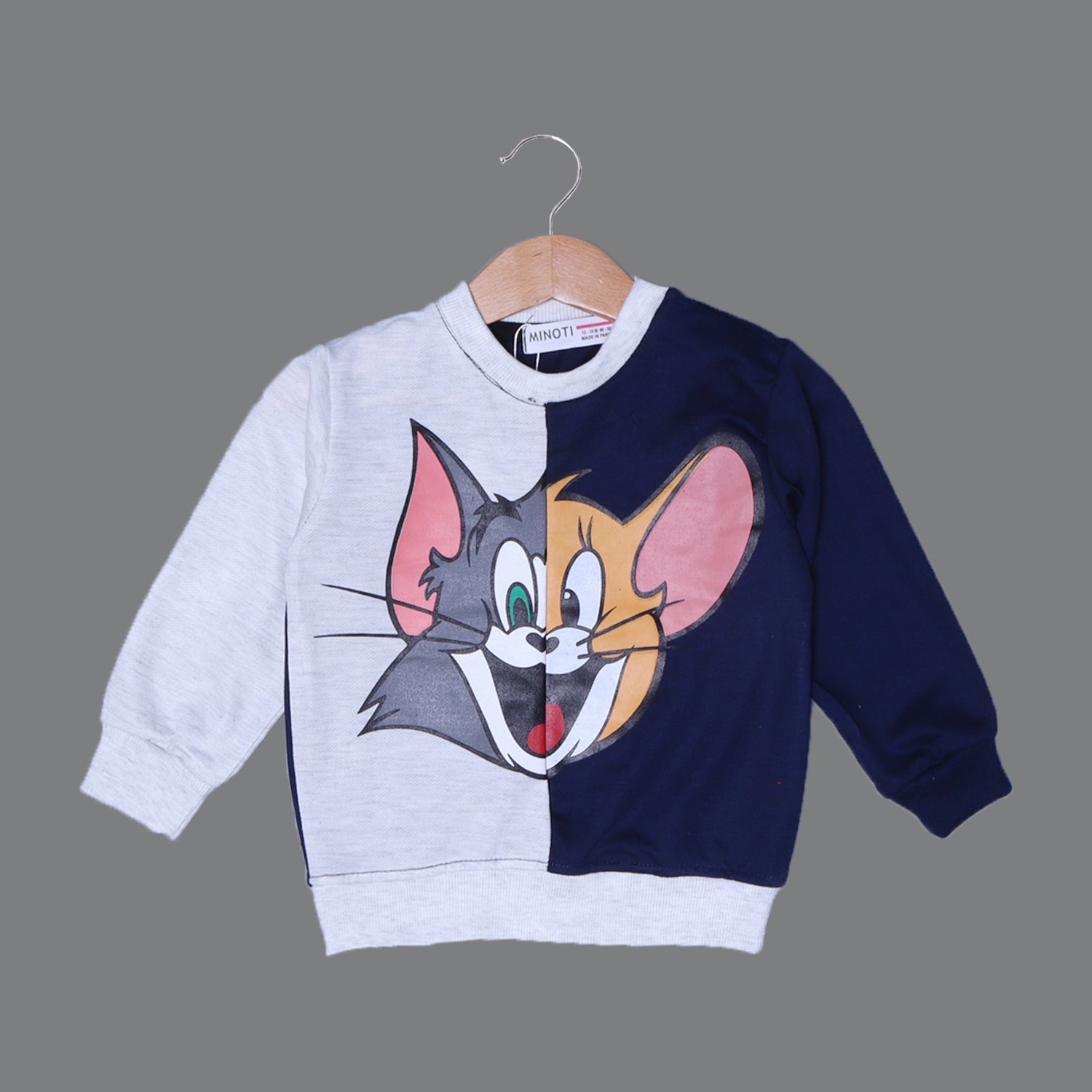 GREY & NAVY BLUE "TOM & JERRY FACE" PRINTED TERRY FABRIC WINTER SUIT
