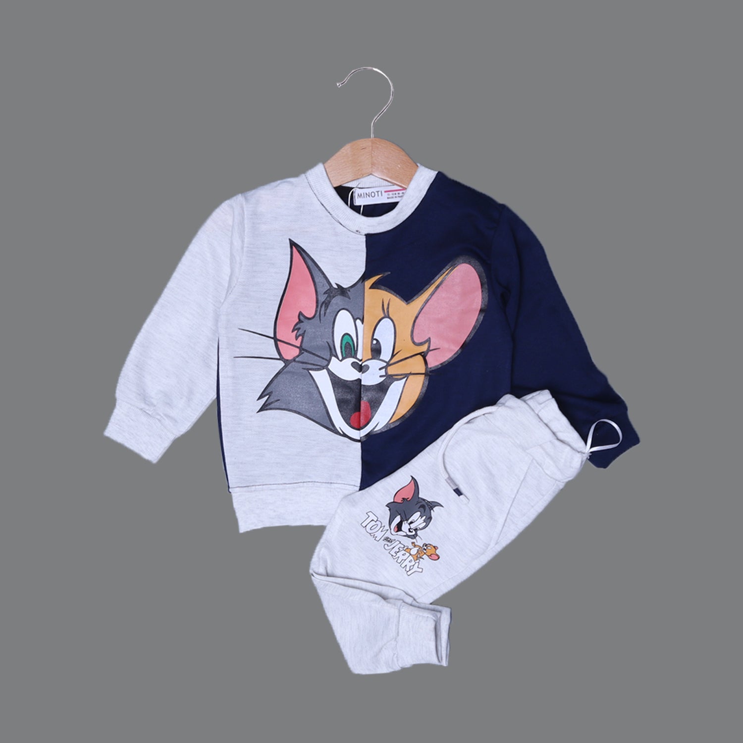 GREY & NAVY BLUE "TOM & JERRY FACE" PRINTED TERRY FABRIC WINTER SUIT