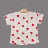 NEW WHITE WITH HEARTS CANDY PRINTED HALF SLEEVES T-SHIRT