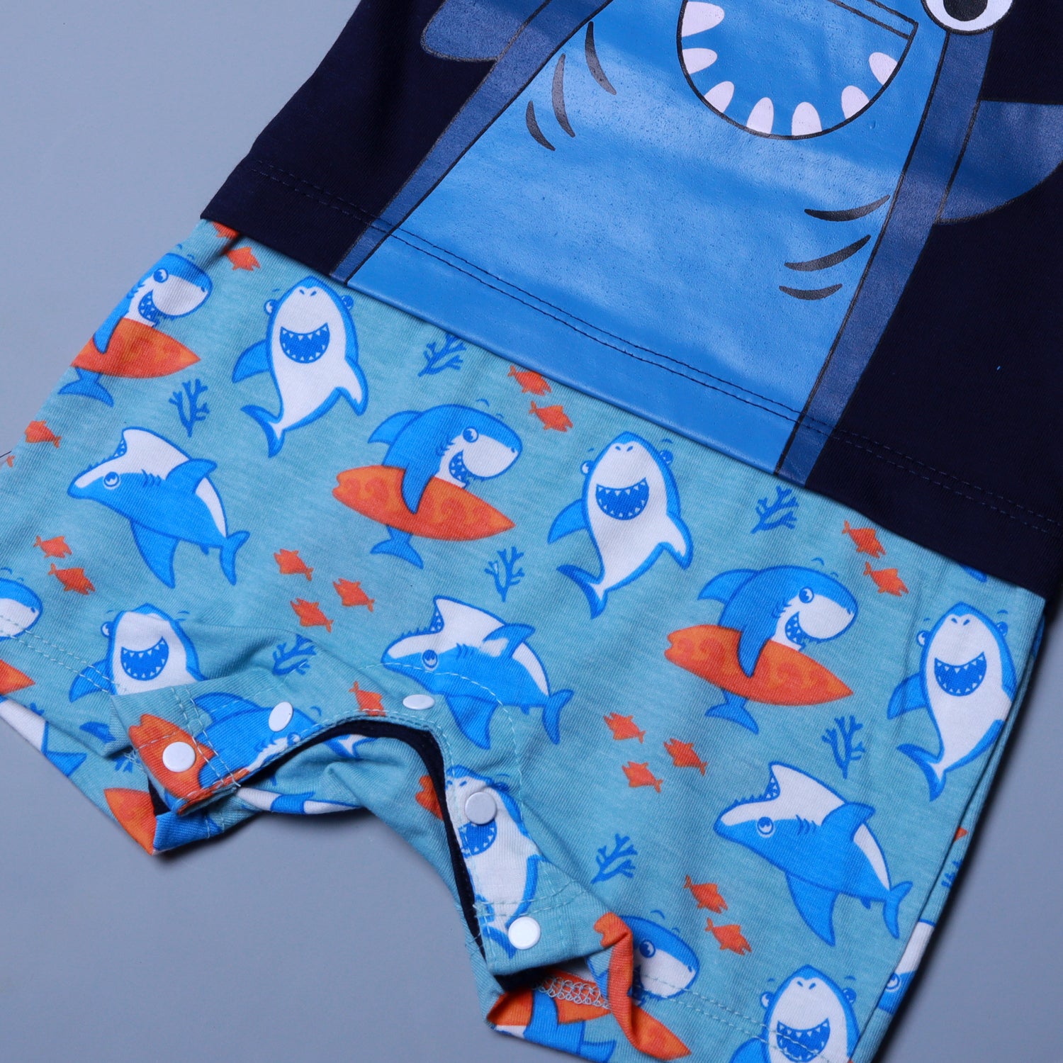 NAVY BLUE DOO DOO SHARK PRINTED HALF BODY ROMPER