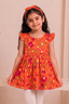 Orange Flowers Print With Hair Band Frock For Girls