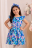 Blue & Pink Shade Flowers Print With Hair Band Frock For Girls