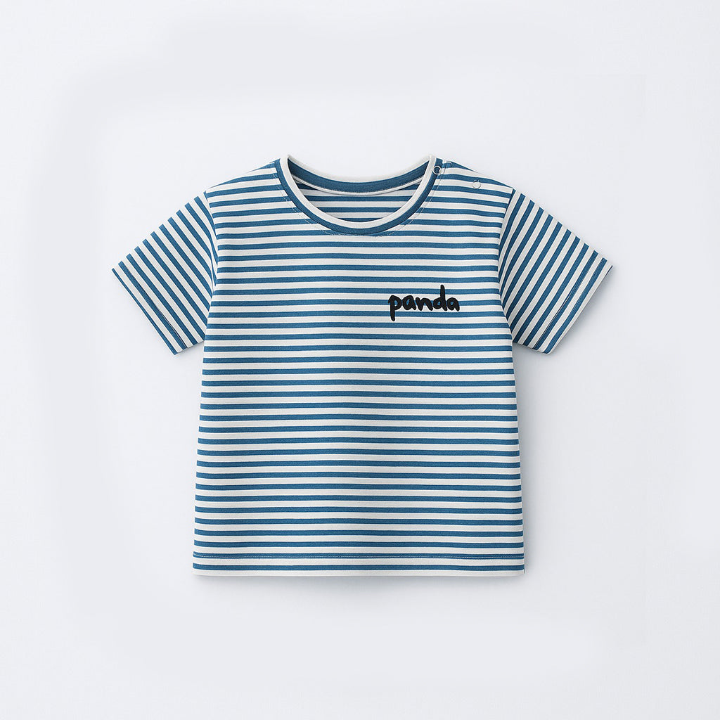WHITE WITH BLUE STRIPES PANDA HALF SLEEVES T-SHIRT FOR BOYS