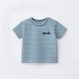 WHITE WITH BLUE STRIPES PANDA HALF SLEEVES T-SHIRT FOR BOYS