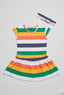 Green Yellow Pink Stripes With Hair Band Frock For Girls