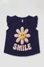 Navy Blue Smile Print Fril Sleeves T-shirt Top For Girls