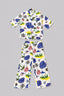 White Tree Print Band Collar Linen Suit For Girls