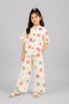 Cream Flower Print Linen Suit For Girls