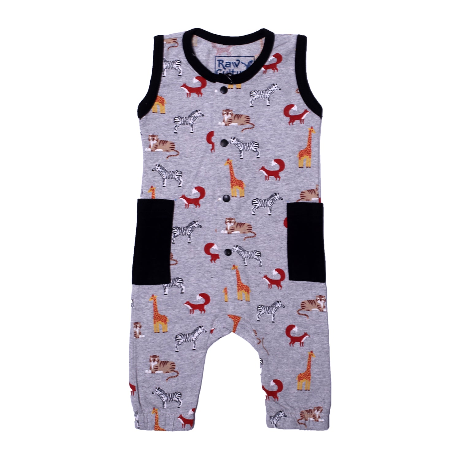 LIGHT GREY FULL BODY SLEEVE LESS ANIMALS WITH POCKETS PRINTED ROMPER