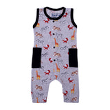 LIGHT GREY FULL BODY SLEEVE LESS ANIMALS WITH POCKETS PRINTED ROMPER