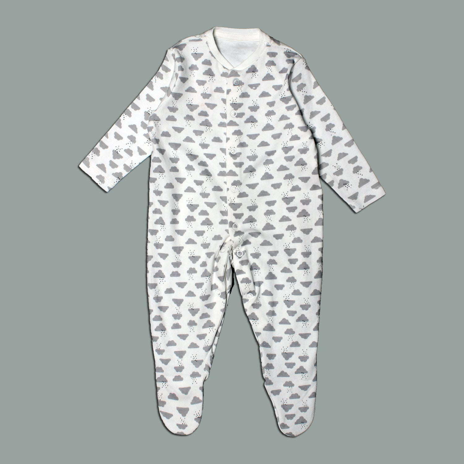 WHITE WITH GREY CLOUDS PRINTED FULL BODY FULL SLEEVES ROMPERS