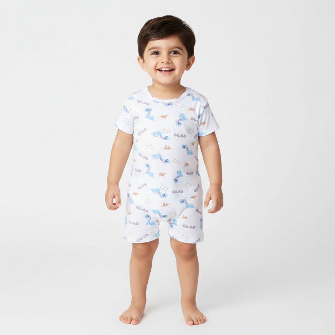 WHITE GLAD DINO PRINT HALF BODY ROMPER Main image