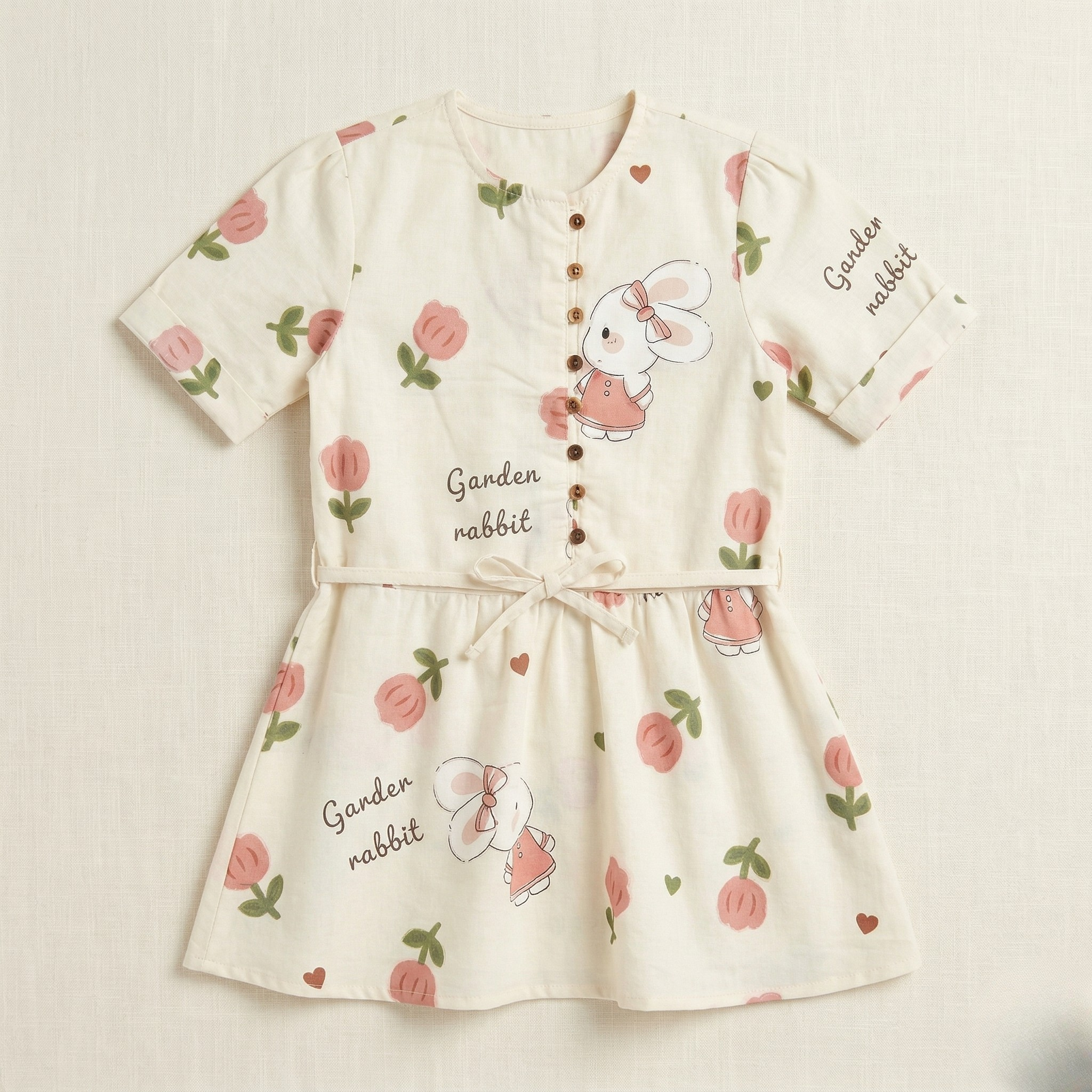 Cream With Rose Print Frock For Girls