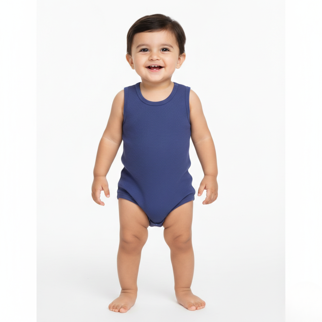 ROYAL BLUE PLAIN RIBBED FABRIC HALF BODY SLEEVES LESS ROMPER Main image