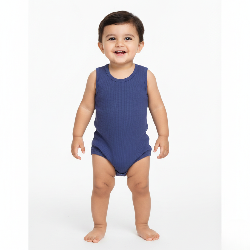 ROYAL BLUE PLAIN RIBBED FABRIC HALF BODY SLEEVES LESS ROMPER