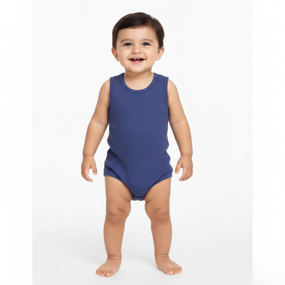 ROYAL BLUE PLAIN RIBBED FABRIC HALF BODY SLEEVES LESS ROMPER