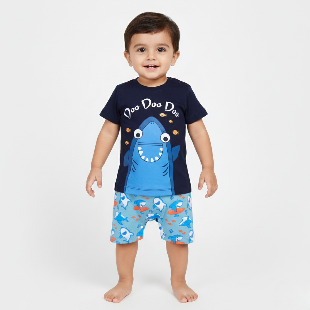 NAVY BLUE DOO DOO SHARK PRINTED HALF BODY ROMPER Main image