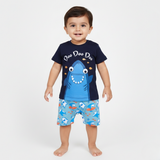 NAVY BLUE DOO DOO SHARK PRINTED HALF BODY ROMPER