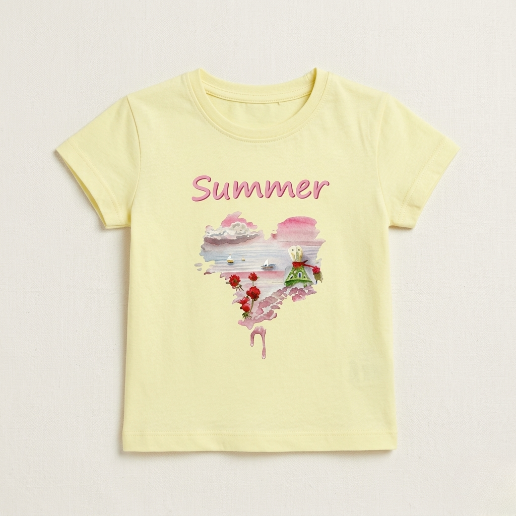 Light Yellow Summer Heart Print T-shirt Top For Girls
