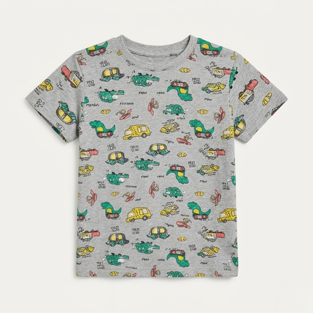 Grey Dino Car Print Half Sleeves T-Shirt For Boys Secondary image
