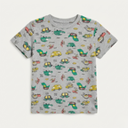 Grey Dino Car Print Half Sleeves T-Shirt For Boys
