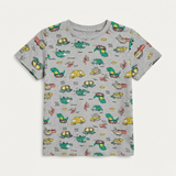 Grey Dino Car Print Half Sleeves T-Shirt For Boys