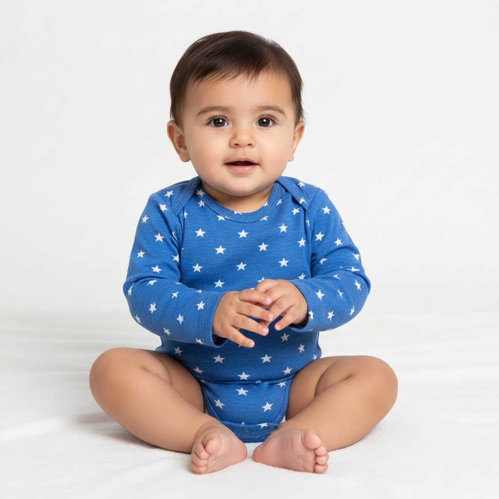 BLUE STARS PRINT COTTON JERSY FABRIC HALF BODY FULL SLEEVES ROMPER