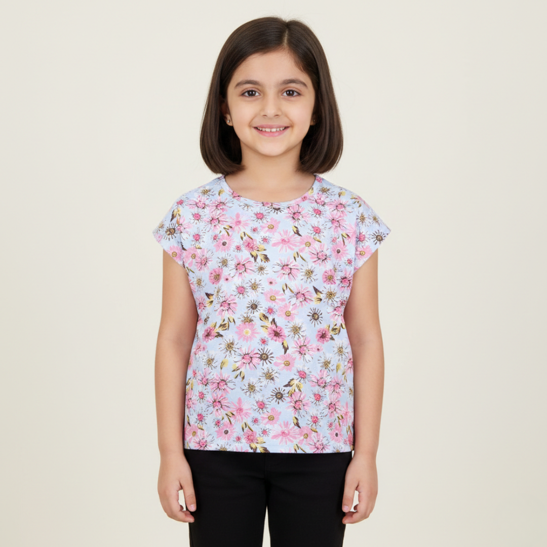 SKY BLUE BIG FLOWERS PRINTED T-SHIRT TOP FOR GIRLS Main image