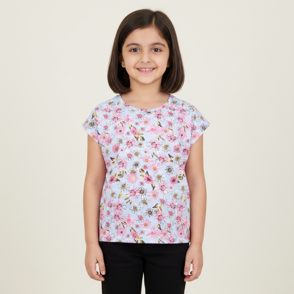 SKY BLUE BIG FLOWERS PRINTED T-SHIRT TOP FOR GIRLS