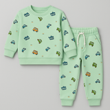 Sea Green Vehicle Print Fleece Fabric Suit For Winters