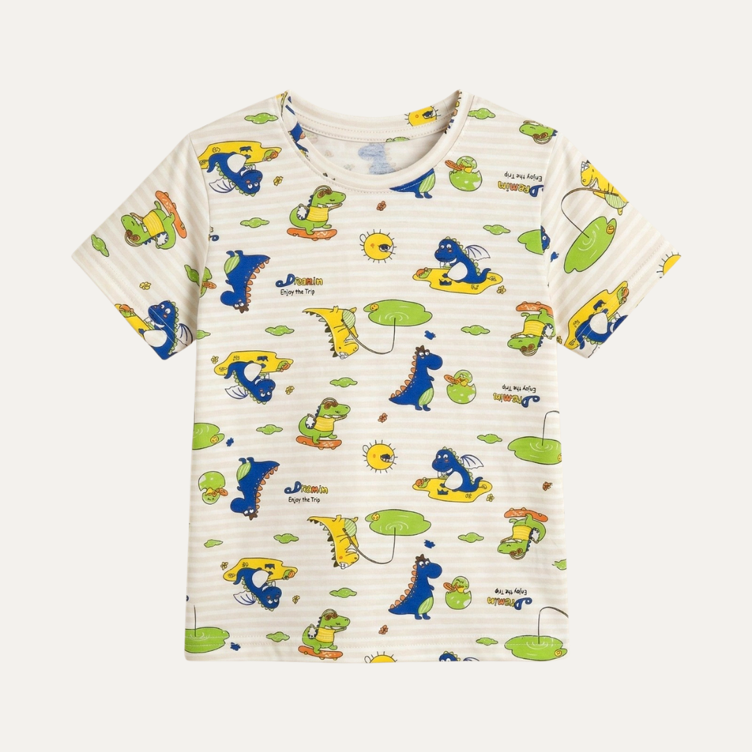 Cream Dream Dragon Print Half Sleeves T-Shirt For Boys Secondary image