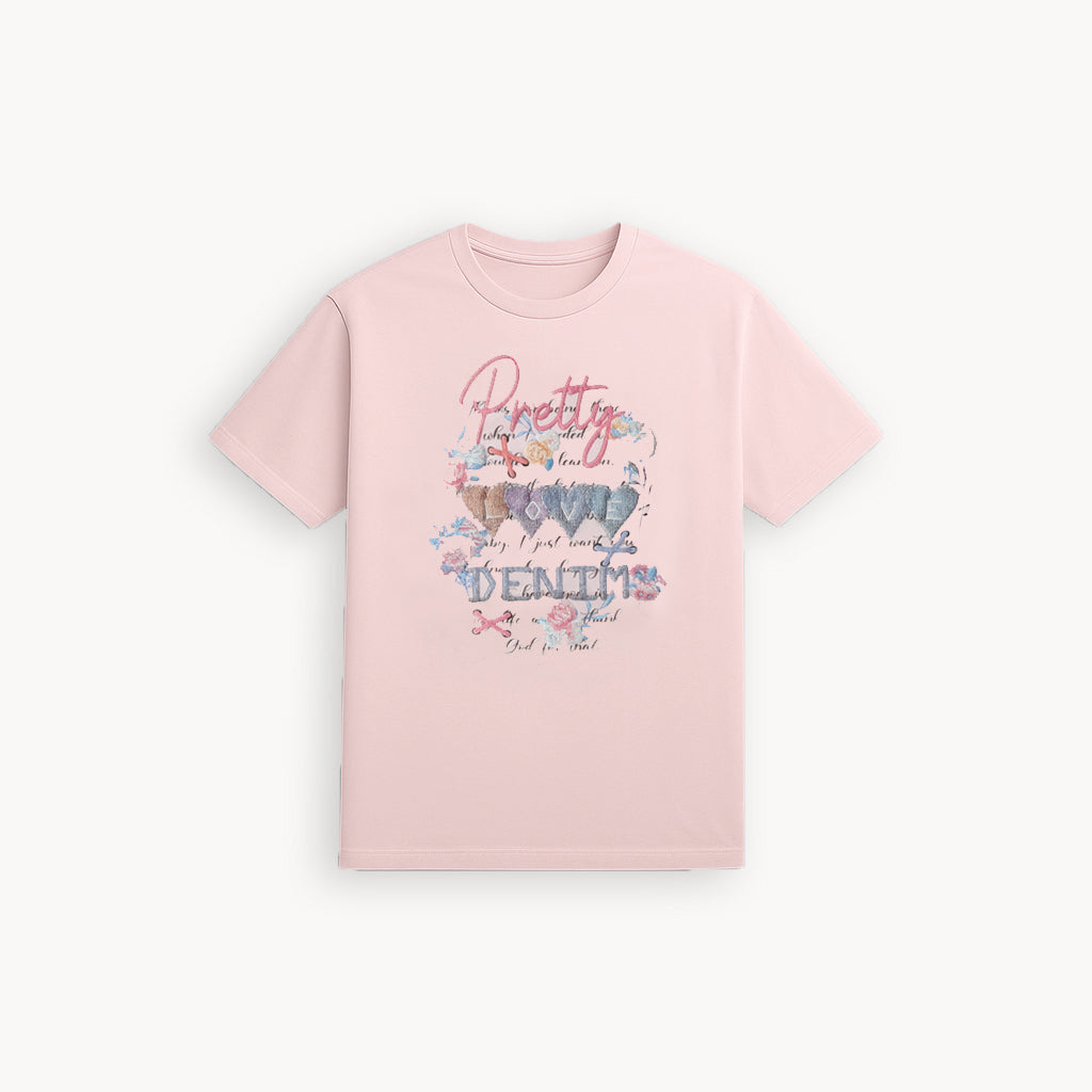 PINK PRETTY DENIM PRINT T-SHIRT FOR WOMEN