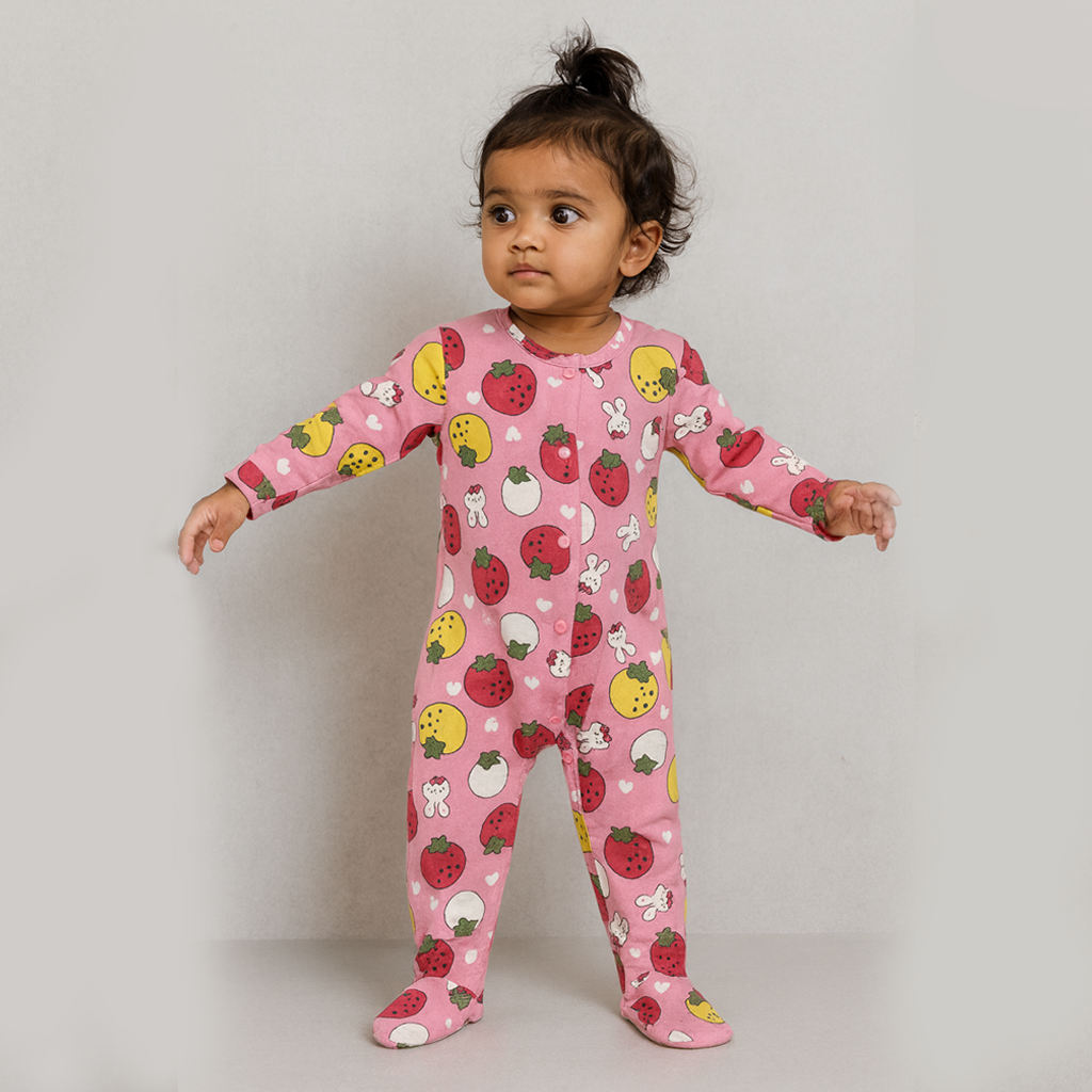 Pink Strawberry Print Romper For Winters Main image