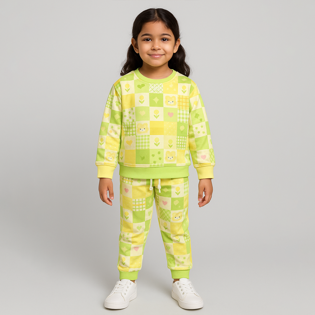 Yellow Bunny & Mix Print Fleece Fabric Suit For Winters