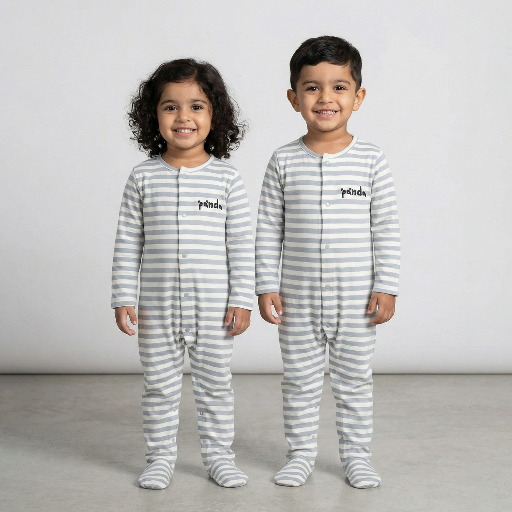White With Blue Panda Stripes Romper For Winters