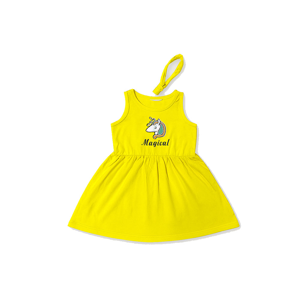 YELLOW WITH HAIR BAND MAGICAL PRINT FROCK FOR GIRLS Secondary image