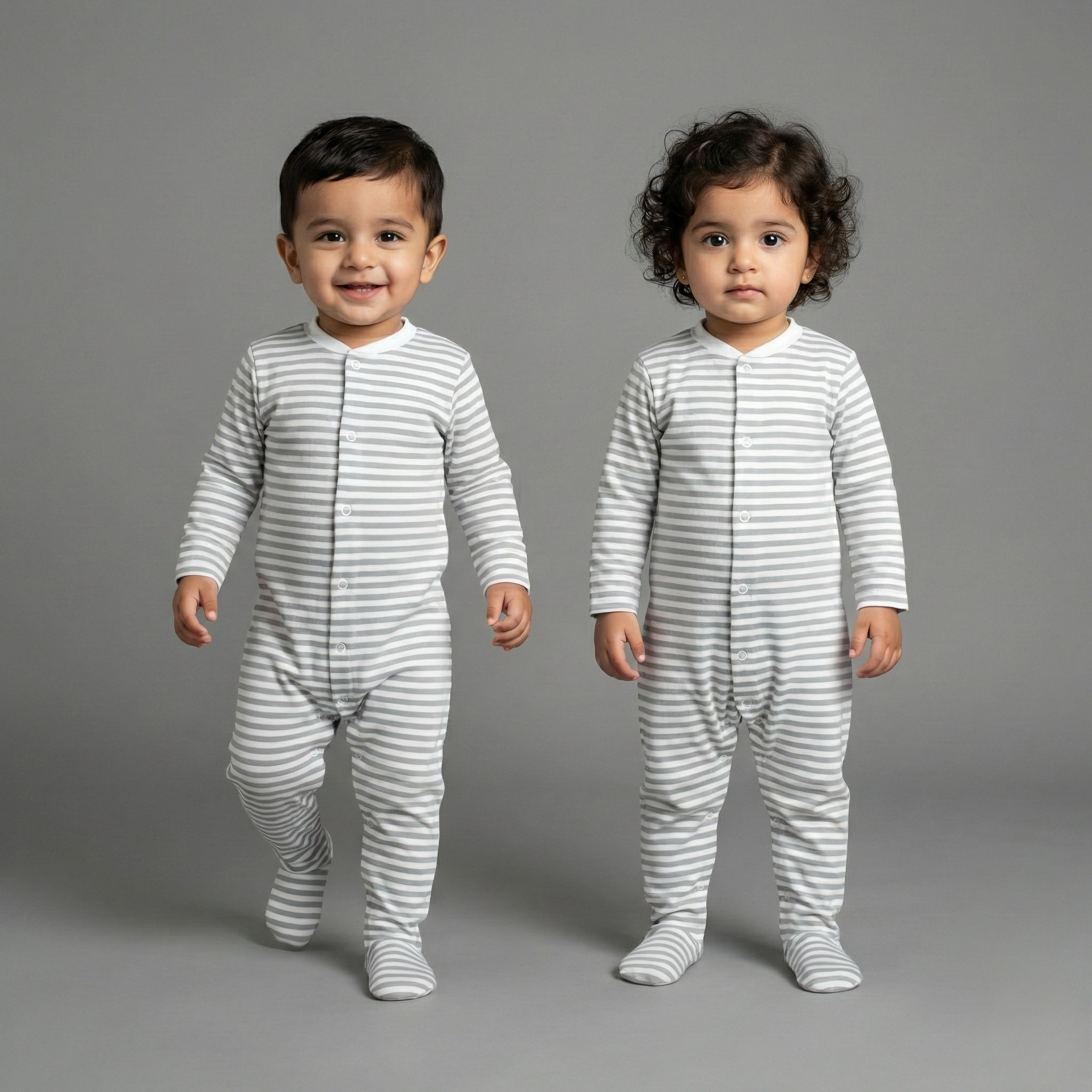 WHITE WITH GREY STRIPES FULL BODY FULL SLEEVES ROMPERS Main image