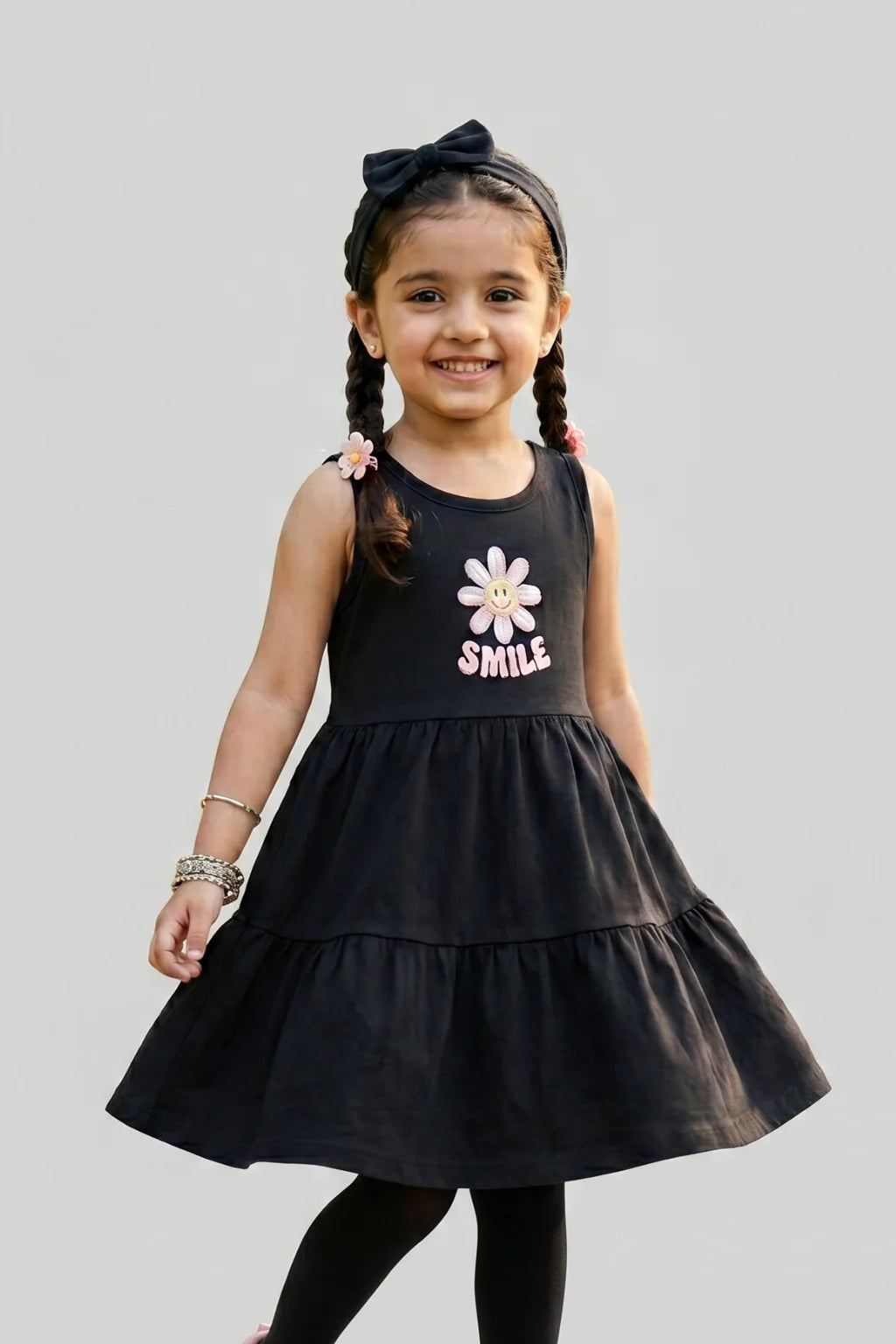 Black Smile Print With Hair Band Frock For Girls